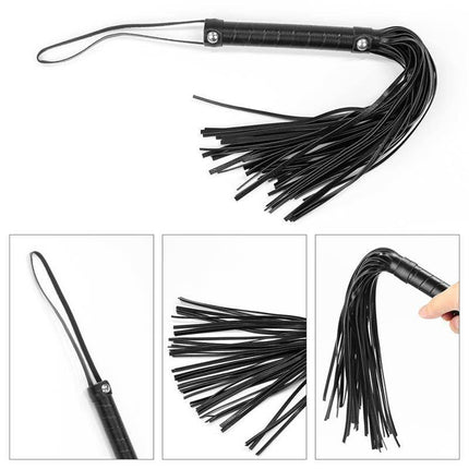 Black flogger featured in Bondage Kit Deluxe Negro, showcasing durable design with silicone and nylon materials for beginners.