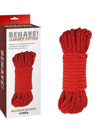 Bondage Rope Reatrain Me, a thick red twisted rope coiled into a compact bundle beside its retail box