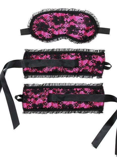 Bondage Satin Look Handcuffs with Mask Pink