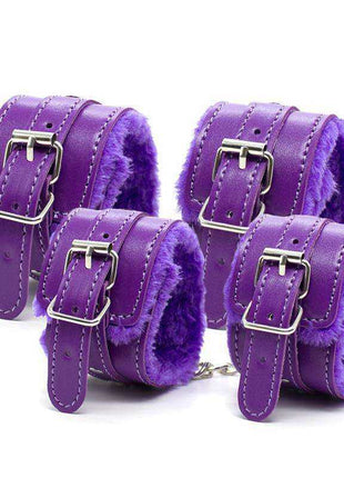 Bondage Set 10 Pieces Purple with four purple faux leather cuffs, plush purple lining, and silver metal buckles
