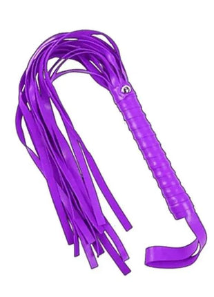 Bondage Set 10 Pieces Purple featuring a vivid purple flogger with a ribbed handle and multiple long, narrow tails