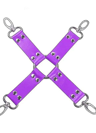 Bondage Set 10 Pieces Purple with four vivid purple straps, silver rivets and metal clip fasteners