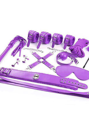 Bondage Set 10 Pieces Purple with glossy purple cuffs, straps, blindfold, collar, leash, whip and assorted metal fittings