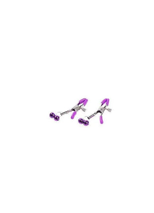 Bondage Set 10 Pieces Purple with two compact silver metal accessories featuring bright purple handles and rounded ends