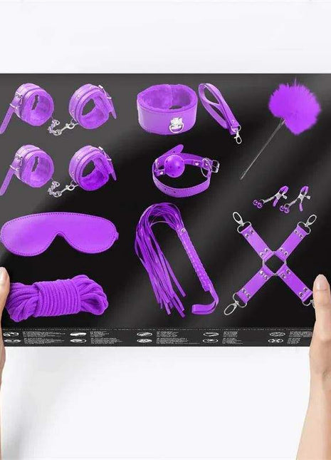 Bondage Set 10 Pieces Purple with bright purple cuffs, collar, blindfold, feather tickler, rope, flogger and restraint accessories