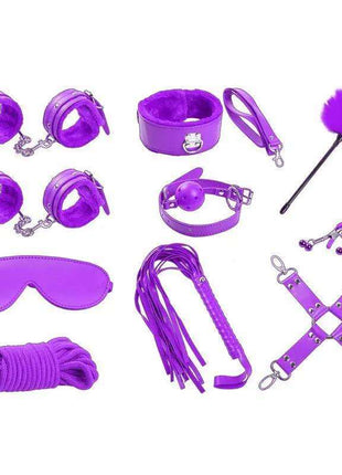 Purple bondage set with cuffs, blindfold, whip, tape, collar, and leash, 10 pieces