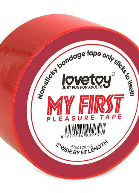 Bondage Tape roll in bright red PVC, with a smooth, non-sticky surface and circular printed label.