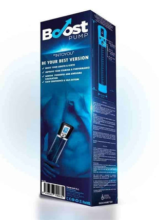 Vertical product packaging box for an automatic penis pump with a blue LCD screen, featuring marketing text and imagery.