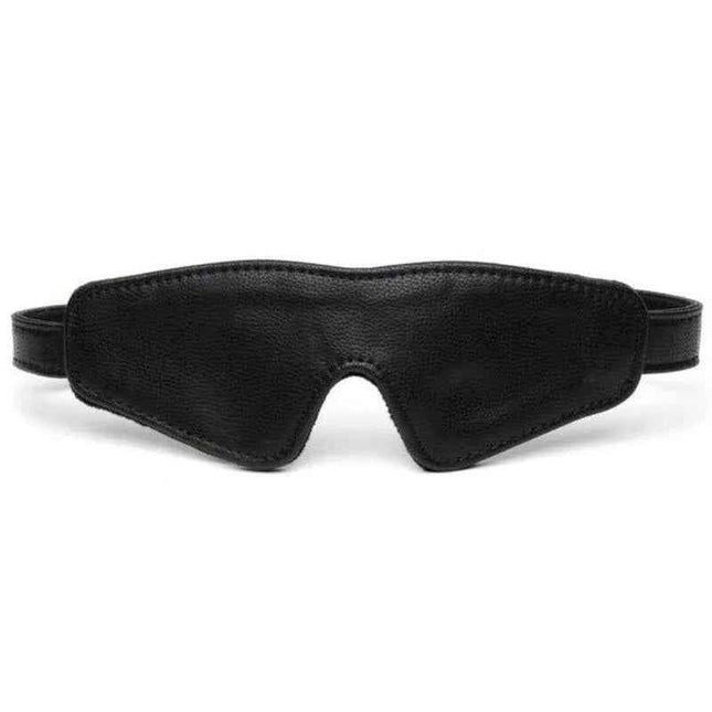 Close-up of a premium synthetic leather blindfold for sensory play and intimacy enhancement