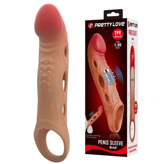 Brad vibrating penis sleeve made of soft TPE with center vibrator and clip-fastened design for enhanced stimulation and added length