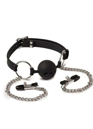 Breathable Mouthgag set with a black adjustable strap, perforated ball gag, and silver chain nipple clamps