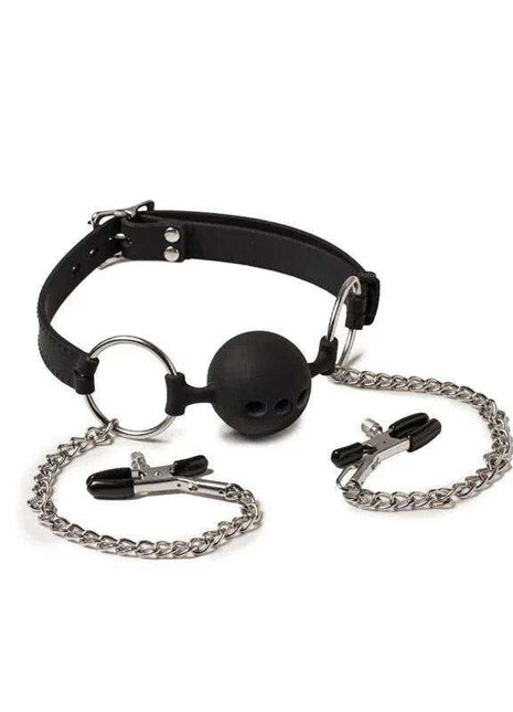 Breathable Mouthgag set with a black adjustable strap, perforated ball gag, and silver chain nipple clamps