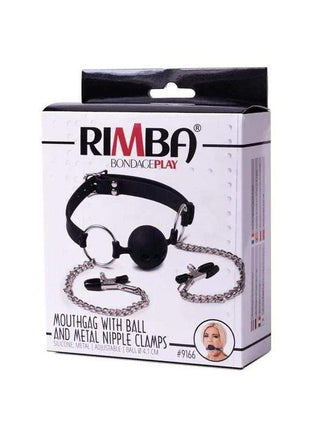 Breathable Mouthgag set with a black ball gag, adjustable strap, and silver metal nipple clamps with chains
