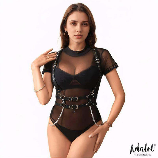 Brenda vegan leather harness with chain-link design, one size, cruelty-free PU leather, bold fashion accessory for women