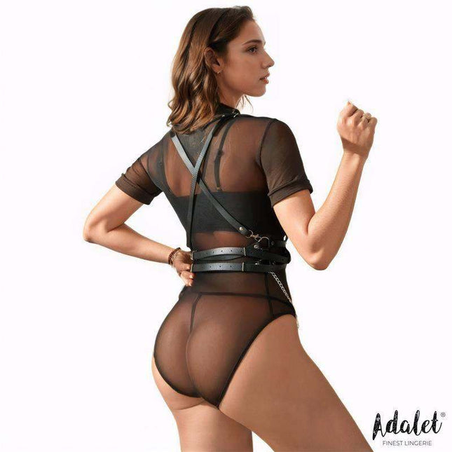 Brenda Vegan Leather Harness with chain accents in bold, cruelty-free PU leather, one size, designed for women’s boudoir and fashion shoots.