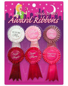 Bride To Be Award Ribbons featuring six pleated satin badges in white, pink, red and brown with bridal phrases