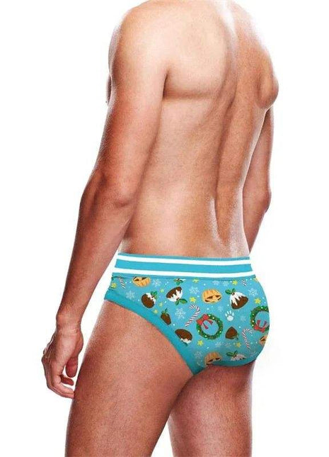 Brief Pudding Size S men's briefs in turquoise with a white striped waistband and festive food-themed print