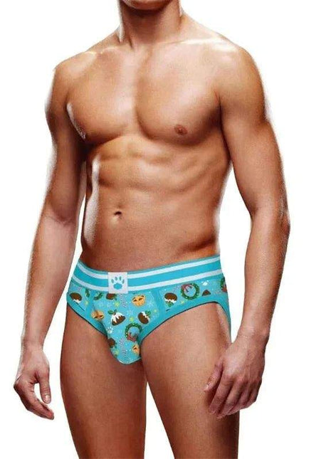 Brief Pudding Size S men's briefs in turquoise blue with a white striped waistband and playful cartoon food print