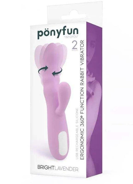 Brightlavender Vibe ergonomic rabbit vibrator in pale lavender silicone with two motors and 360-degree rotating head, shown in retail box