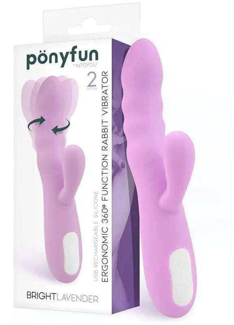 Brightlavender Vibe rabbit vibrator in pale lavender silicone with dual arms, rounded tips and white control panel beside its packaging