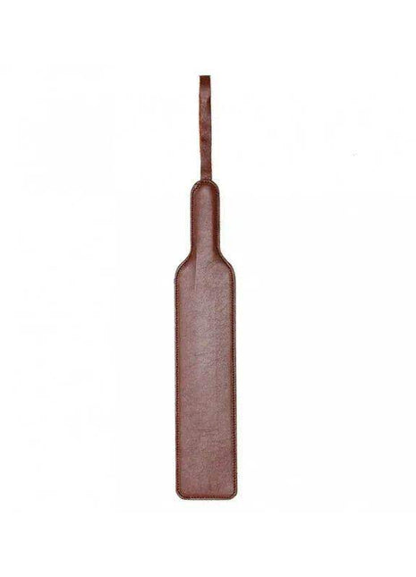 Brown Leather Paddle with a smooth reddish-brown surface, narrow handle, and rounded rectangular striking end