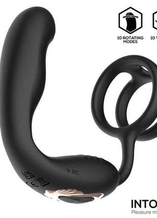 Bruce Prostate Massager in black silicone with a curved textured body, double cockring, and compact control base