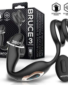 Bruce Prostate Massager in black silicone with a curved textured shaft, double cockring, control button and remote
