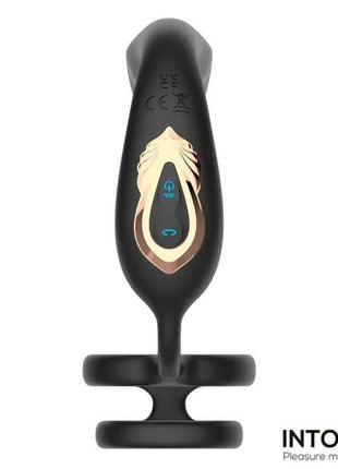 Bruce Prostate Massager in black silicone with a smooth tapered body, gold-accented control panel and two rings