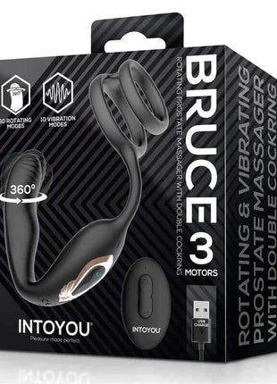 Bruce Prostate Massager shown on dark striped packaging with a black silicone device, double rings and remote
