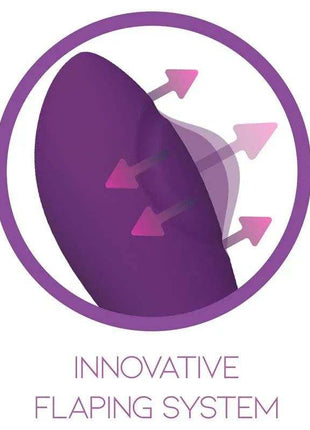 Bunny G-Spot Vibrator flapping system graphic with a purple curved vibrator silhouette and pink directional arrows