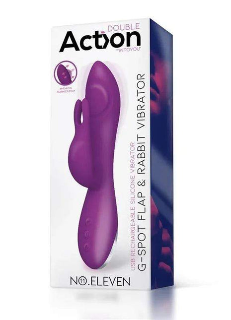 Bunny G-Spot Vibrator in purple silicone with a curved rabbit-style shape, dual stimulator and three control buttons