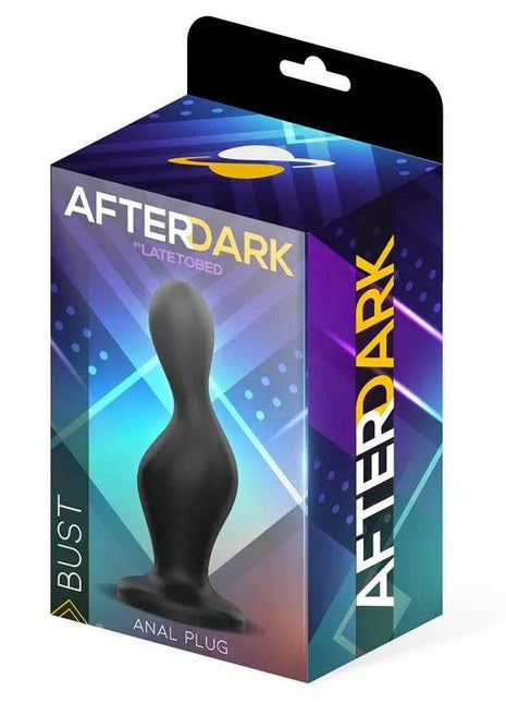 Bust Butt Plug in black silicone, shown on purple AfterDark packaging with a contoured shape and flared base