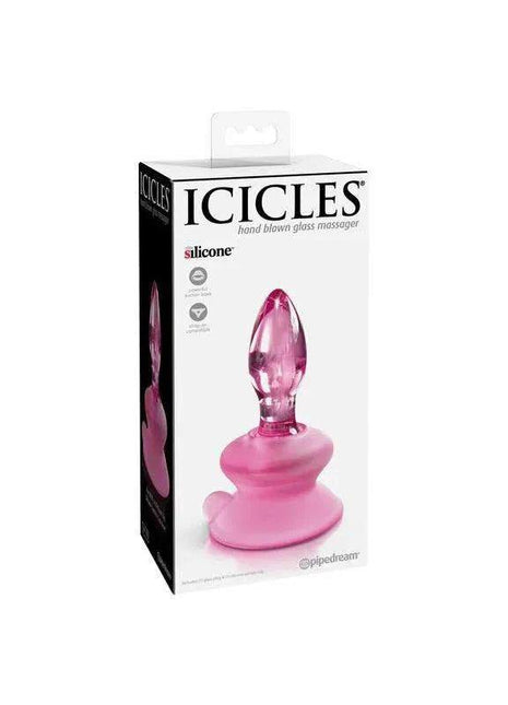 Butt Plug No. 90 in pink silicone with a tapered, translucent plug and wide flared base, shown in Icicles packaging