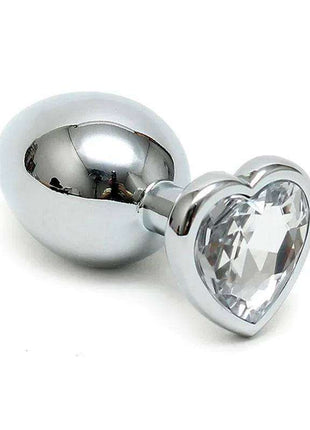Transparent butt plug with plated steel and crystal heart base