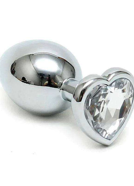 Butt Plug with polished silver-tone steel body and clear faceted crystal heart-shaped base