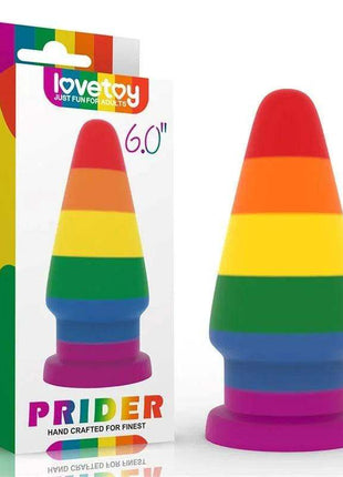Butt Plug Prider 6 LGBT silicone plug with a tapered shape, rainbow pride stripes, and a wide purple base