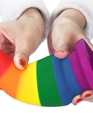 Butt Plug Prider 6 LGBT in rainbow-striped silicone with a curved, ridged body and flared purple base
