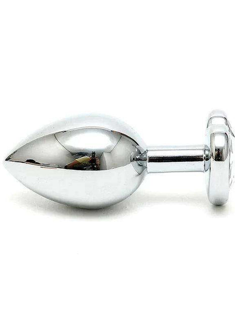 Butt Plug with a polished silver-tone metal tapered body and a clear crystal heart-shaped stopper with rounded edges