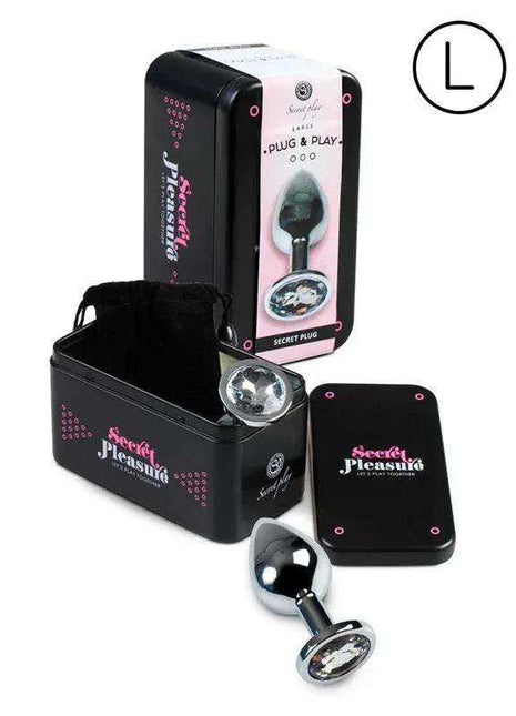 Butt Plug Size L with a reflective silver metal plug, narrow stem, flared oval base and black presentation case