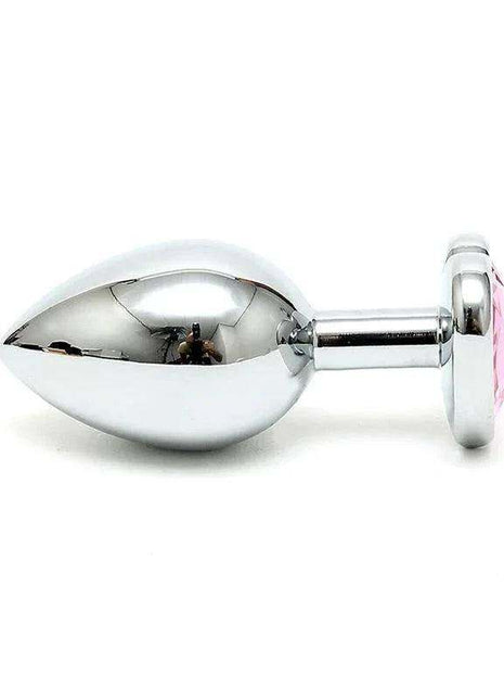 Butt Plug Steel Crystal Heart Pink with a polished silver steel body, tapered tip, and pink heart crystal base