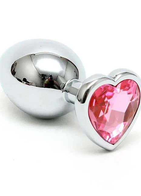 Butt Plug Steel Crystal Heart Pink with a polished silver-tone steel finish, tapered shape, and faceted pink heart jewel