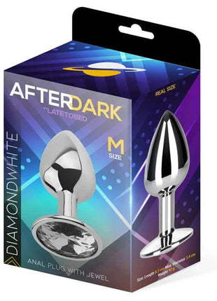 Butt Plug with Jewel in a shiny silver metal finish, shown on colourful Afterdark packaging with a large oval base gem