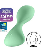 Butt Plug with Vibration in mint green with a smooth, curved body and a visible power button, designed for anal use