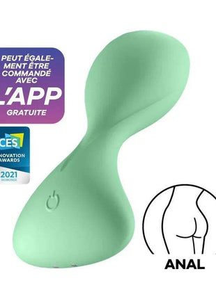Butt Plug with Vibration in mint green with a smooth, curved body and a visible power button, designed for anal use