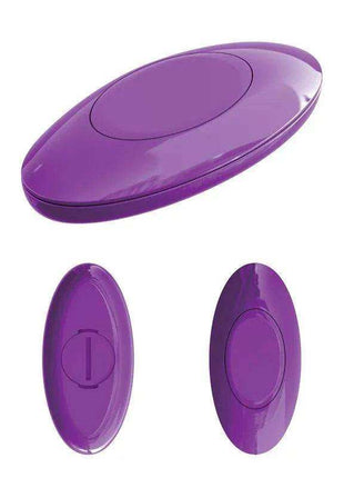 Butt Plug with Vibration remote control, glossy purple oval design with a large central button and slim profile