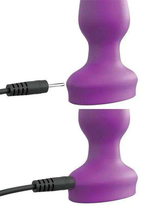 Butt Plug with Vibration in purple silicone, showing a tapered bulb, flared base and charging cable