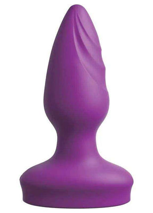 Butt Plug with Vibration, a smooth purple silicone plug with a tapered, curved body and broad flared base