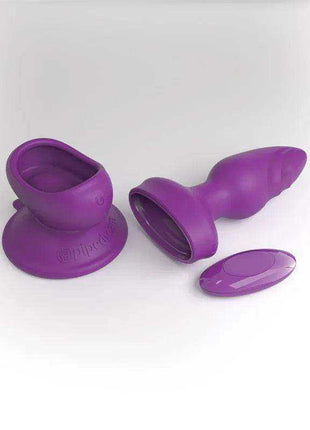 Butt Plug with Vibration in purple silicone, shown with a flared base, hollow opening and matching oval remote