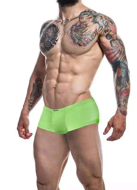 C4M Booty Shorts in bright neon green stretch fabric, featuring a smooth finish and fitted short-leg cut.
