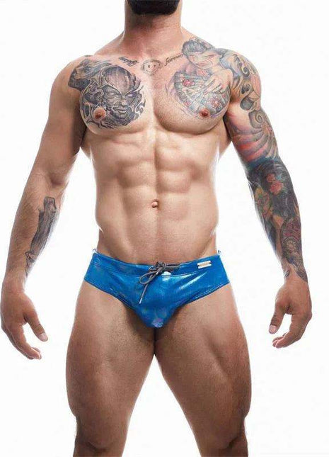 C4M Emerald Swiwear Blue men's swim briefs in glossy bright blue fabric with a low-rise cut and drawstring waist